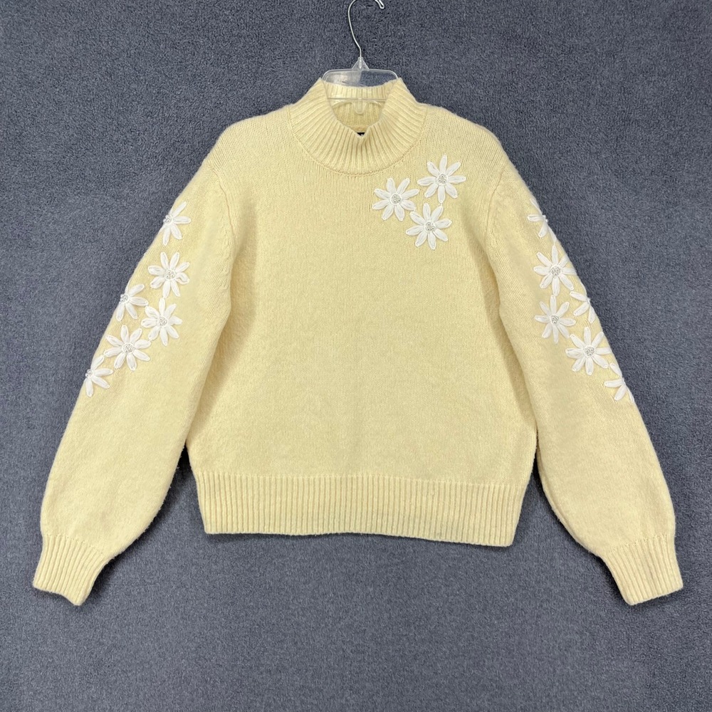 Calligraphie Floral Embroidered Sweater Womens M Yellow Mock Neck Pearl Beaded